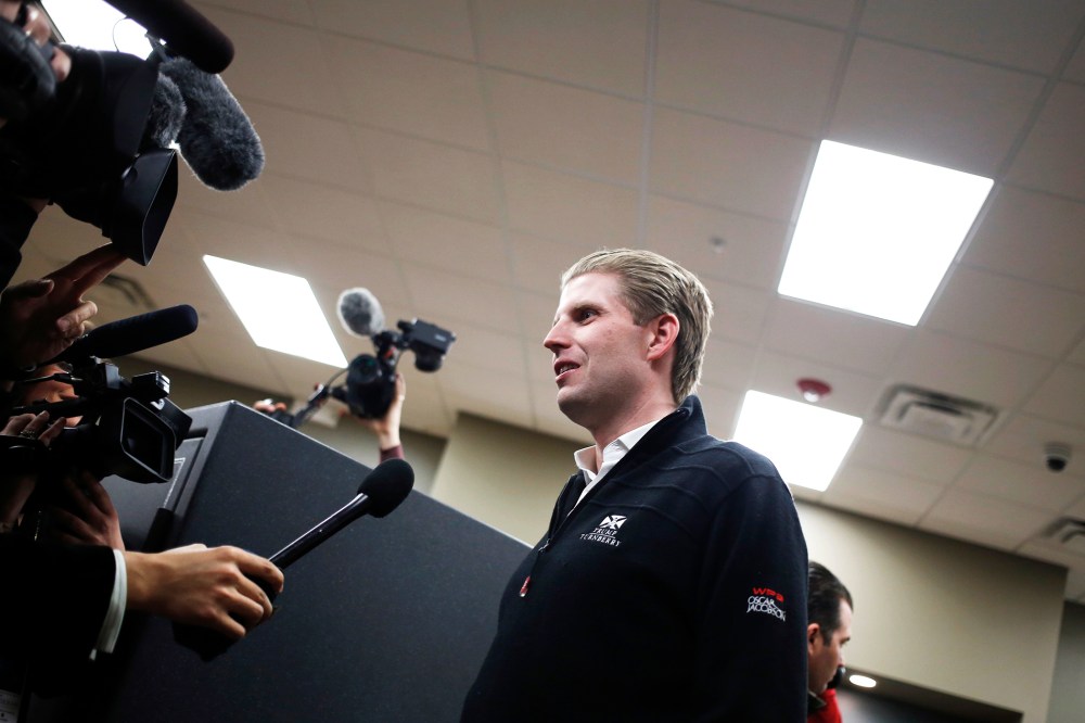 Eric Trump speaks to members of the media during a campaign event at CrossRoads Shooting Sports in Johnston, Iowa on Jan. 30, 2016. (Photo by Luke Sharrett/Bloomberg/Getty)