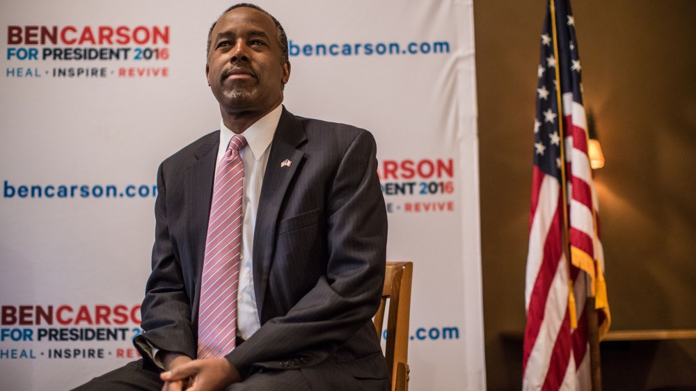 Republican presidential candidate Ben Carson speaks at a campaign event at Fireside Pub and Steak House on Jan. 31, 2016 in Manchester, Ia. (Photo by Brendan Hoffman/Getty)