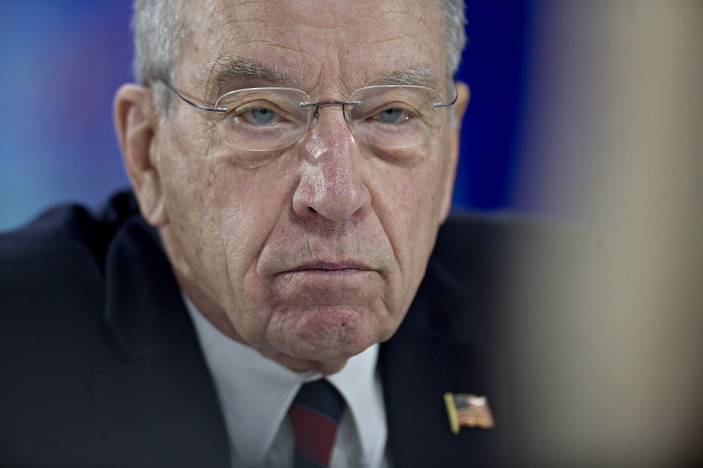 Senator Charles "Chuck" Grassley, a Republican from Iowa, listens to a question during a Bloomberg Politics interview in Des Moines, Ia., Feb. 1, 2016. (Photo by Bloomberg/Getty)