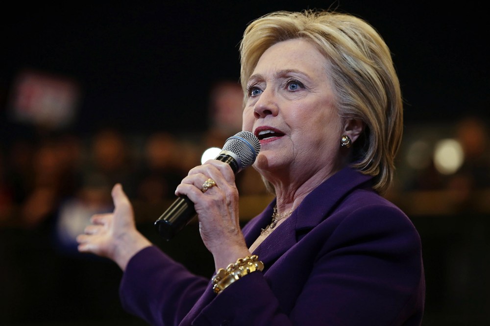 Democratic presidential candidate former Secretary of State Hillary Clinton speaks during a "get out the vote" event at Nashua Community College on Feb. 2, 2016 in Nashua, N.H. (Photo by Justin Sullivan/Getty)