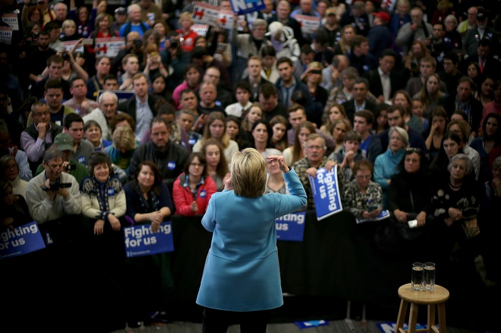 Democratic presidential candidate former Secretary of State Hillary Clinton speaks at Manchester Community College on Feb. 8, 2016 in Manchester, N.H. (Photo by Justin Sullivan/Getty)
