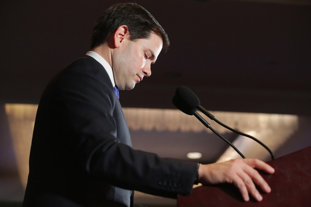 Republican presidential candidate Sen. Marco Rubio (R-Fla.) delivers remarks during a primary election night party at the Radisson hotel Feb. 9, 2016 in Manchester, N.H. (Photo by Chip Somodevilla/Getty)