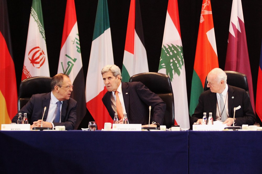 Russian foreign minister Sergey Lavrov, U.S. Secretary of State John Kerry and UN special envoy on Syria Staffan de Mistura are pictured during a meeting of the ISSG on Feb. 11, 2016 in Munich, Germany. (Photo by Alexandra Beier/Pool/Getty)