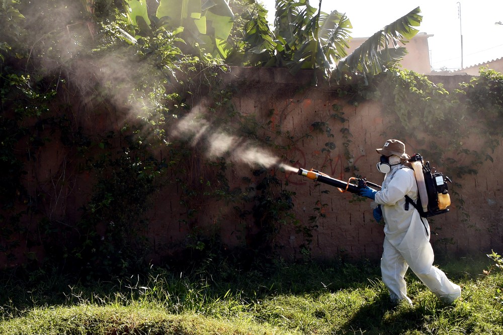 A member of the National Health Foundation fumigates against the Aedes aegypti mosquito, vector of the dengue, chikungunya fever and zika viruses, in Gama, Brazil, Feb. 17, 2016. (Photo by Evaristo SA/AFP/Getty)