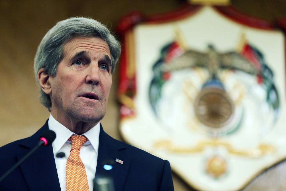 U.S. Secretary of Sate John Kerry holds a press conference with Jordanian Foreign Minister Nasser Judeh on Feb. 21, 2016 in Amman, Jordan. (Photo by Jordan Pix/ Getty)
