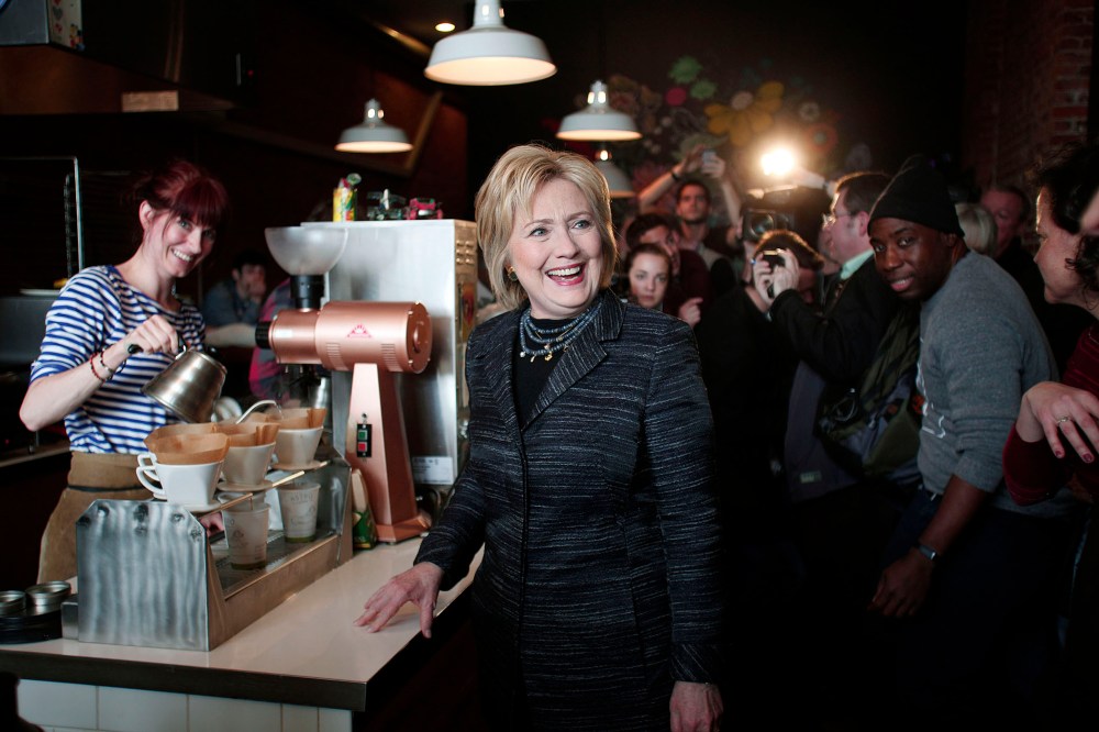 Democratic presidential candidate Hillary Clinton makes a campaign stop at Astro Coffee on the day of the Michigan Primary March 8, 2016 in Detroit, Mich. (Photo by Bill Pugliano/Getty)
