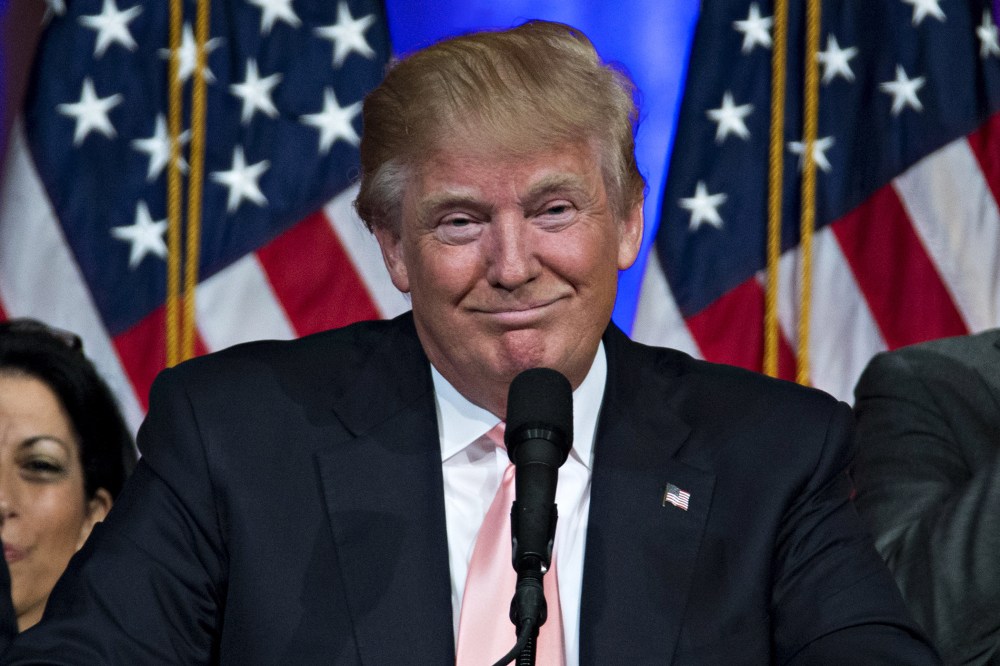 Donald Trump smiles while speaking during a news conference at the Mar-A-Lago Club in Palm Beach, Fla., March 15, 2016. (Photo by Andrew Harrer/Bloomberg/Getty)