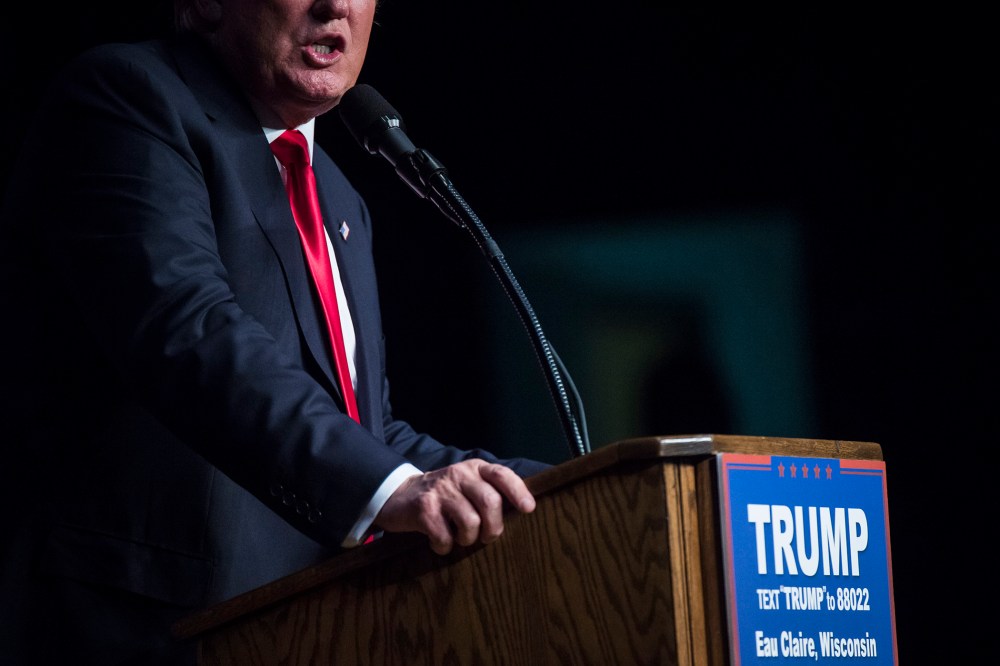 Republican presidential candidate Donald Trump speaks during a campaign event at the Memorial High School in Eau Claire, WI,  April 02, 2016. (Photo by Jabin Botsford/The Washington Pos/Getty)