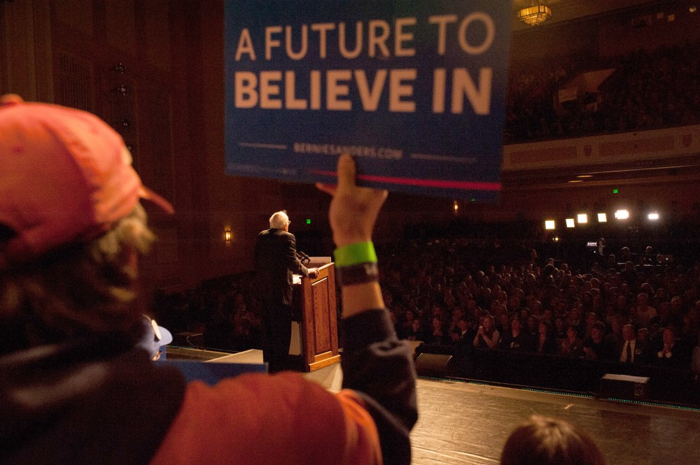 Democratic presidential candidate Sen. Bernie Sanders (D-VT) speaks during a political rally on April 5, 2016 in Laramie, Wy. (Photo by Theo Stroomer/Getty)