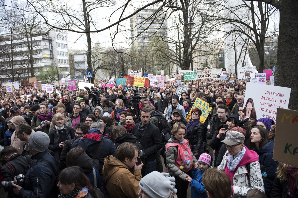 Thousands of protesters gather for a demonstration against proposed abortion ban law in front of the Polish Parliament building in Warsaw, Poland, April 9, 2016. (Photo by Omar Marques/Anadolu Agency/Getty)