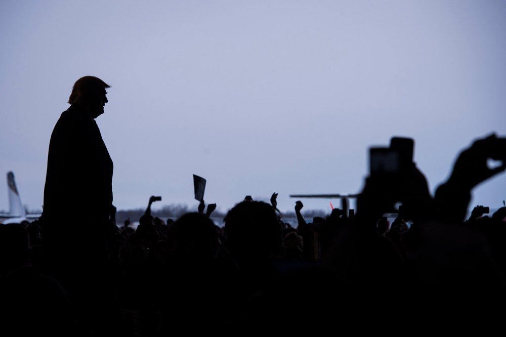 Republican presidential candidate Donald Trump finishes speaking during a campaign event at JetSmart Aviation Services in Rochester, N.Y., April 10, 2016. (Photo by Jabin Botsford/The Washington Post/Getty)