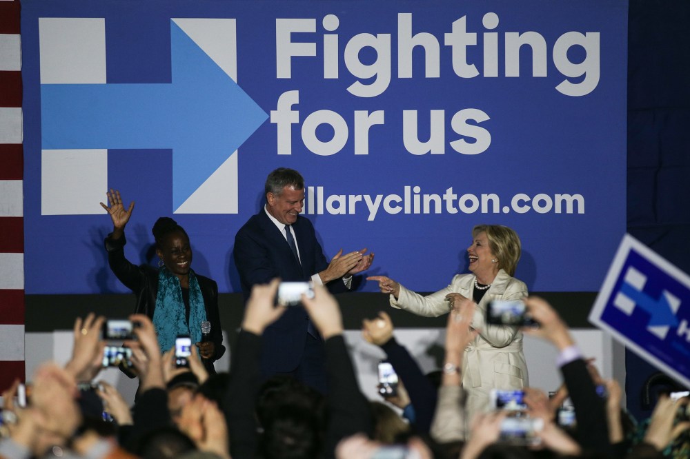 Democratic Presidential Candidate Hillary Clinton and Mayor of New York City Bill de Blasio greet people as Turkish Americans show their support in Brooklyn, April 14, 2016. (Photo by Cem Ozdel/Anadolu Agency/Getty)