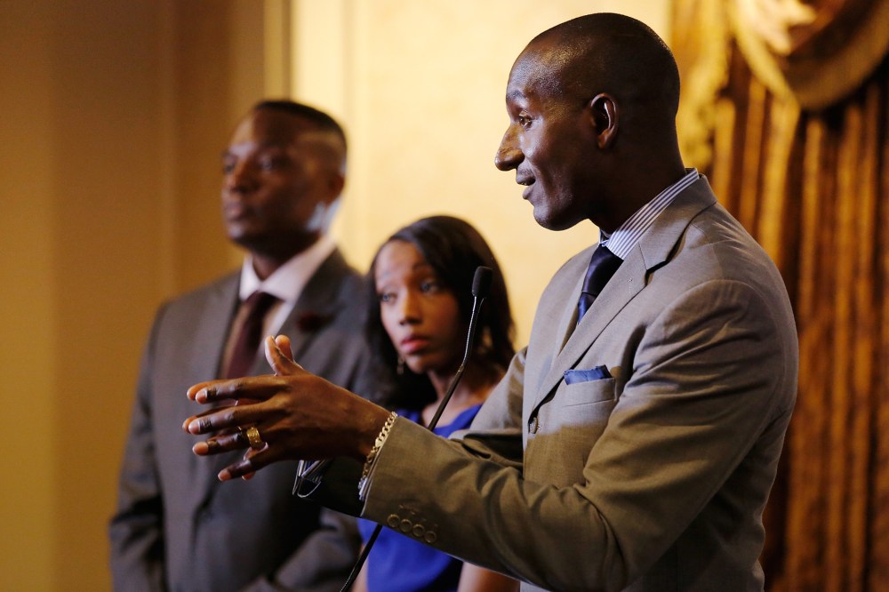 Three former Apprentice participants, from left, Kwame Jackson, Tara Dowdell and Dr. Randel Pinkett speak at a press conference at Roosevelt Hotel on April 15, 2016 in New York City. (Photo by Jemal Countess/Getty)