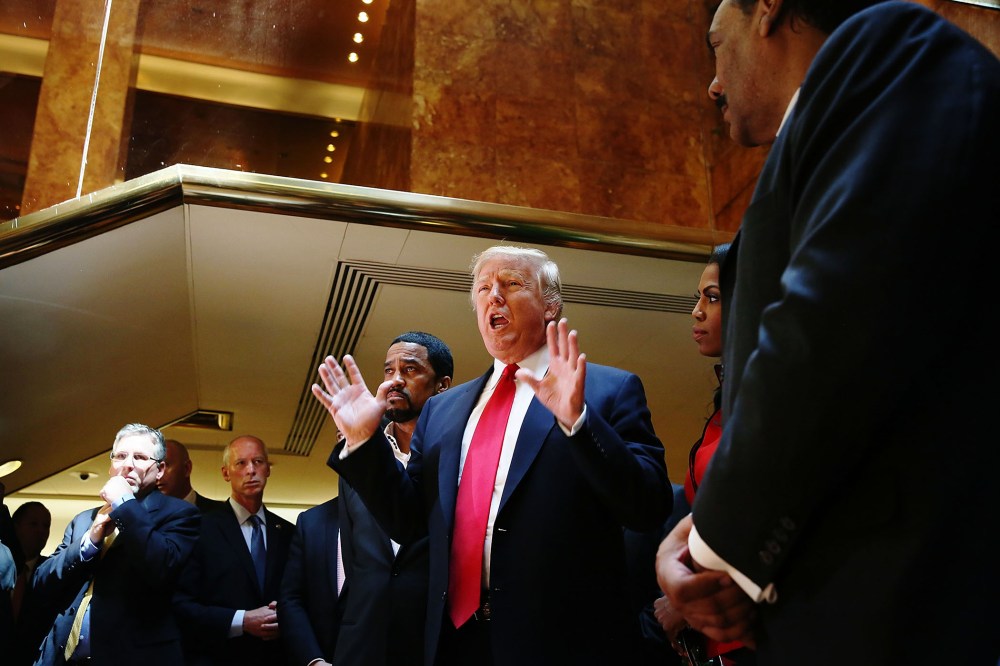 Republican presidential candidate Donald Trump greets members of the "National Diversity Coalition for Trump," a day ahead of New York primary on April 18, 2016 in New York City. (Photo by Spencer Platt/Getty)