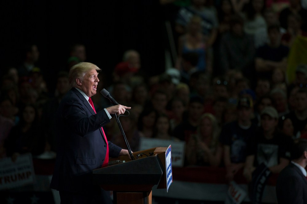 Republican presidential candidate Donald Trump speaks at a campaign rally on April 25, 2016 at West Chester University in West Chester, Penn. (Photo by Jessica Kourkounis/Getty)