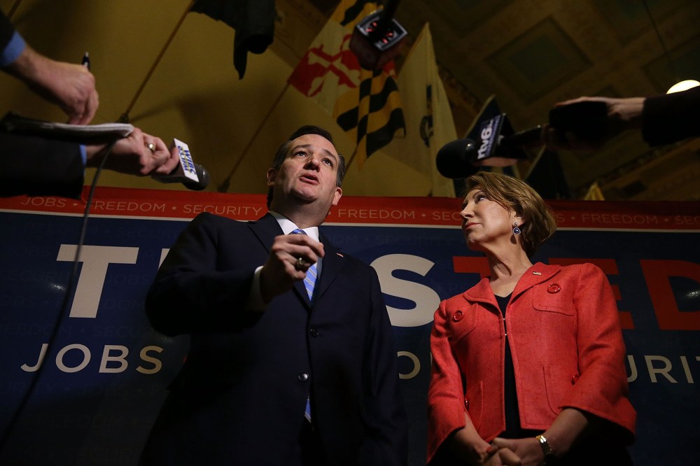 Republican presidential candidate Sen. Ted Cruz and his Vice Presidential candidate Carly Fiorina before a taping of Fox News Channel's The Sean Hannity Show at the Indiana War Memorial, April 29, 2016. (Photo by Joe Raedle/Getty)