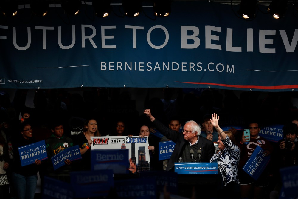 Senator Bernie Sanders, an independent from Vermont and 2016 Democratic presidential candidate, gestures during a campaign event in Louisville, Ky., May 3, 2016. (Photo by Luke Sharrett/Bloomberg/Getty)