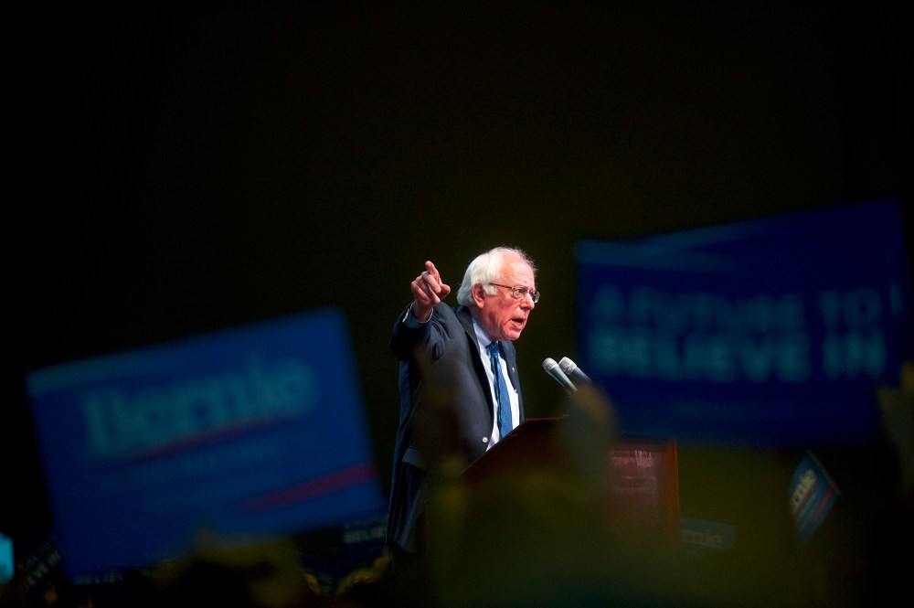 Democratic presidential candidate Bernie Sanders speaks during a campaign rally at Boardwalk Hall on May 9, 2016 in Atlantic City, N.J. (Photo by Mark Makela/Getty)