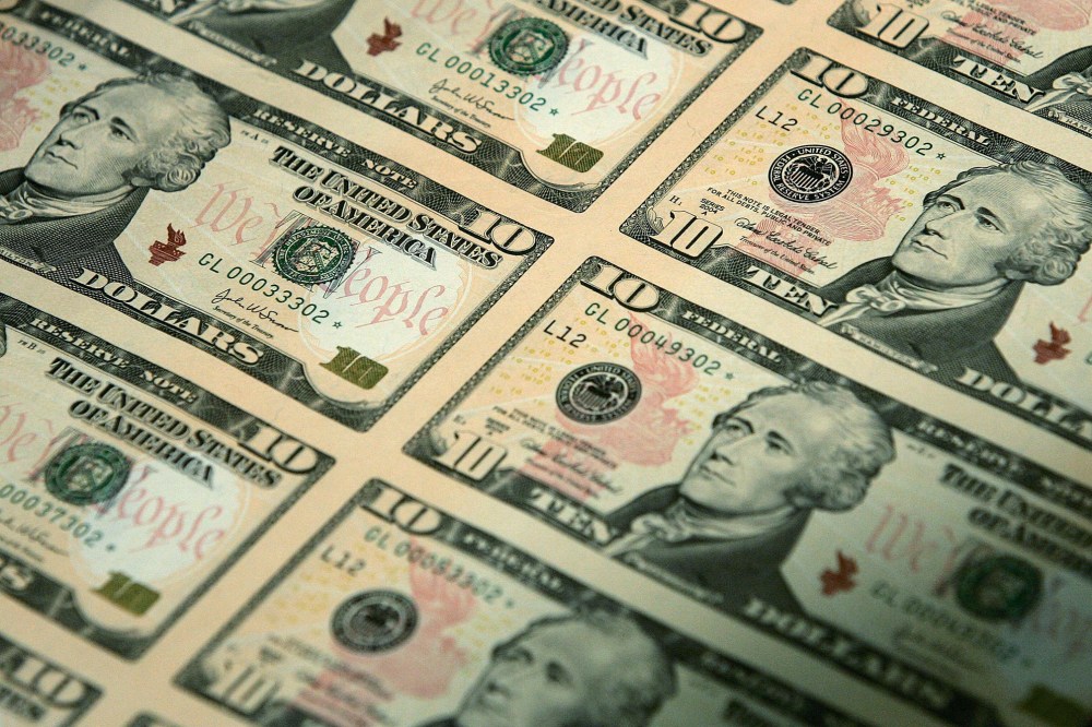 An uncut sheet of the $10 bill is seen. (Photo by Alex Wong/Getty)