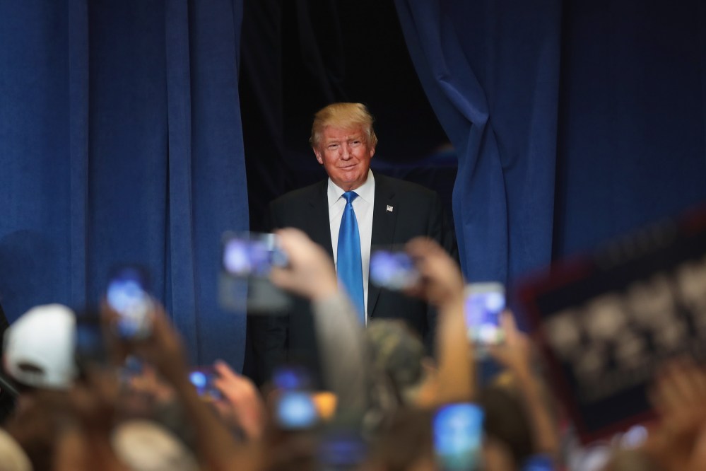 Republican presidential nominee Donald Trump arrives for a campaign rally at the KI Convention Center on Oct. 17, 2016 in Green Bay, Wis. (Photo by Scott Olson/Getty)