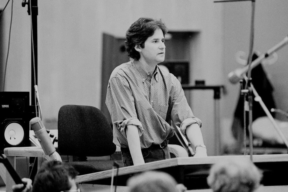 James Horner is pictured in the recording studio, working on score to Braveheart film. (Photo by Phil Dent/Redferns/Getty)