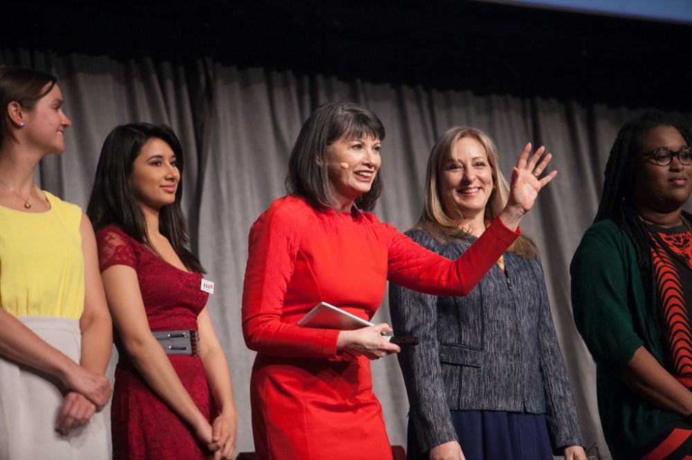 Gloria Feldt (center) onstage at the Take The Lead Challenge Launch in 2014.