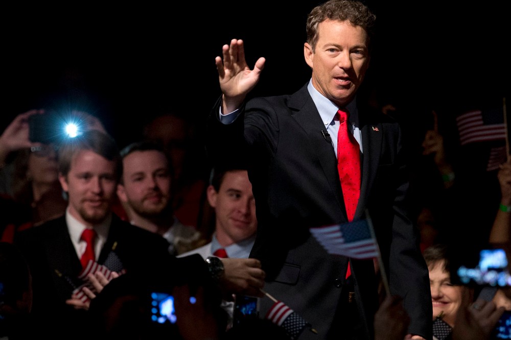 Sen. Rand Paul, R-Ky. arrive to a cheering and photo taking crowd for his announcement of the start of his presidential campaign, Tuesday, April 7, 2015, at the Galt House Hotel in Louisville, Ky. (Photo by Carolyn Kaster/AP)