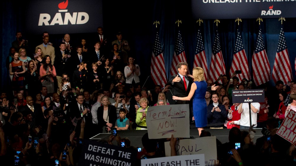 Sen. Rand Paul, R-Ky. greets his wife Kelley Ashby, prior to his announcement of the start of his presidential campaign, Tuesday, April 7, 2015, at the Galt House Hotel in Louisville, Ky. (Photo by Carolyn Kaster/AP)