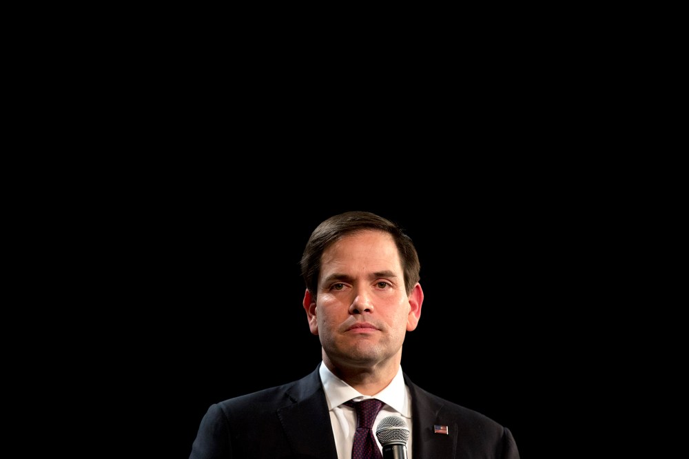 Republican presidential candidate, Sen. Marco Rubio, R-Fla., pauses while speaking at a rally, Feb. 21, 2016, in North Las Vegas, Nev. (Photo by Jae C. Hong/AP)