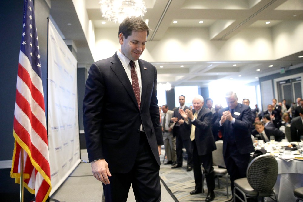 Republican presidential hopeful Sen. Marco Rubio, R-Fla., walks off the stage after speaking at an event organized on April 28, 2015, in Los Angeles.
