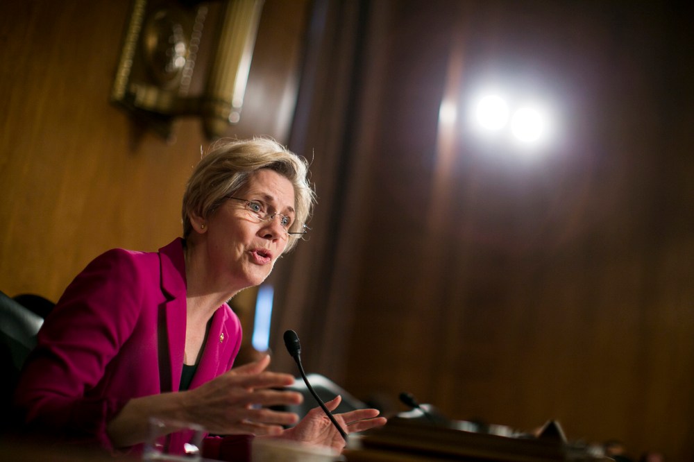 Sen. Elizabeth Warren asks Treasury Secretary Jack Lew questions during a committee hearing on Capitol Hill, May 21, 2013.