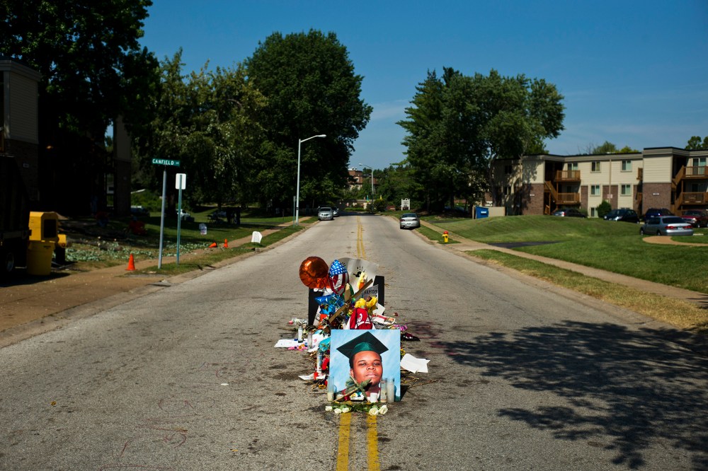 A makeshift memorial for Michael Brown, who was fatally shot by a police officer on Aug. 9, on the spot where he was killed in Ferguson, Mo., Aug. 26, 2014.