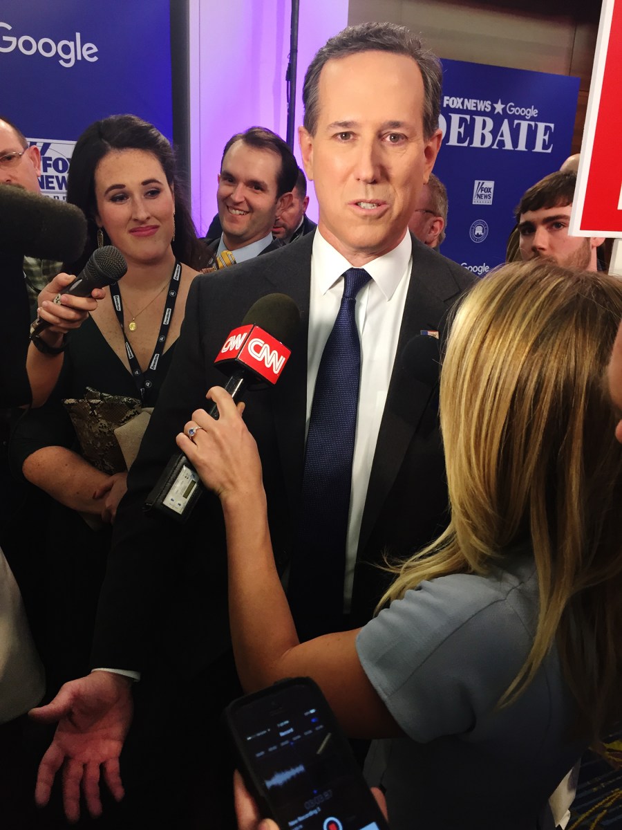 Rick Santorum speaks to reporters after the Republican debate in at the Iowa Events Center in Des Moines, Iowa on Jan. 28, 2016. (Photo by Benjy Sarlin)