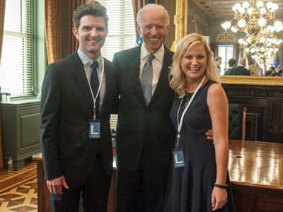 Vice President Joe Biden with Adam Scott and Amy Poehler while filming an episode of "Parks and Recreation." (David Giesbrecht/NBC)