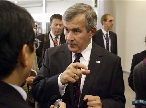 Sen. Mike Johanns, R-Neb. speaks with reporters on Capitol Hill in Washington,Tuesday, Nov. 13, 2012, as the lame duck 112th Congress session began. (AP Photo/Alex Brandon)