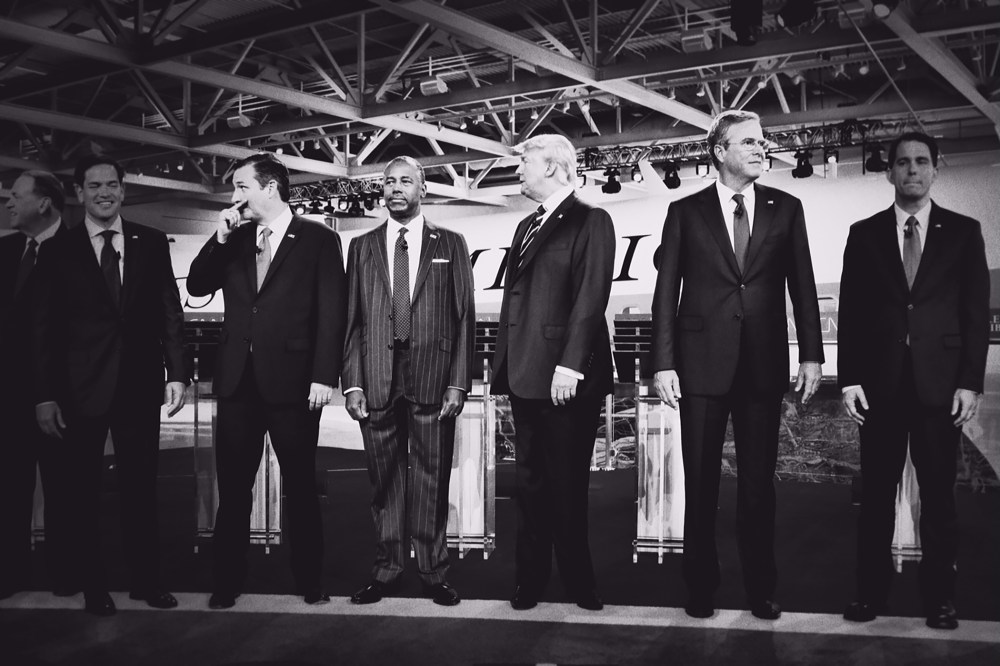 Republican presidential candidates line up for a photo op before the CNN Republican Debate begins at the Ronald Reagan Presidential Library and Museum, Sept. 16, 2015, in Simi Valley, Calif. (Photo by Mark Peterson/Redux for MSNBC)