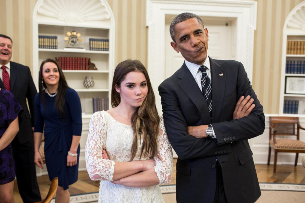 Olympic gold medalist McKayla Maroney and President Barack Obama recreated her iconic "not impressed" face in the Oval Office. (Official White House Photo by Pete Souza)