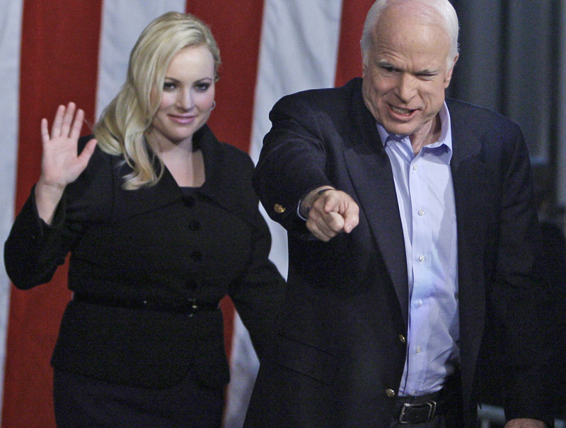 Sen. John McCain and his daughter Meghan McCain react to the crowd as they arrive at a rally in Henderson Nev., Monday, Nov. 3, 2008, during his presidential campaign. (AP Photo/Carolyn Kaster)