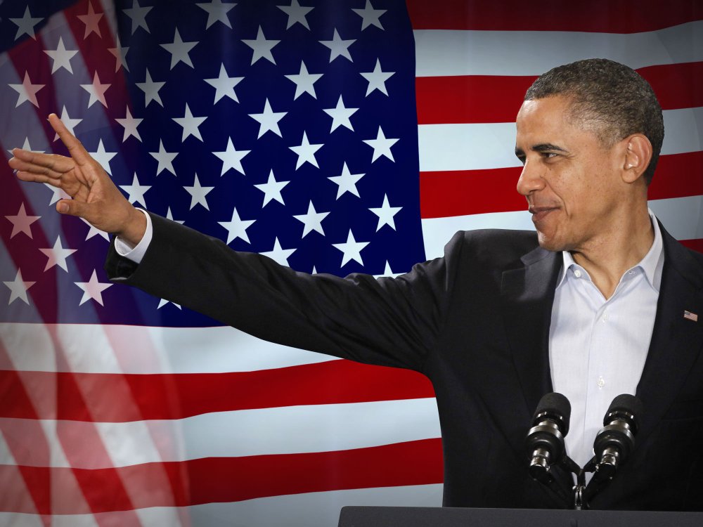 Barack Obama, as U.S. president, on flag texture, partial graphic