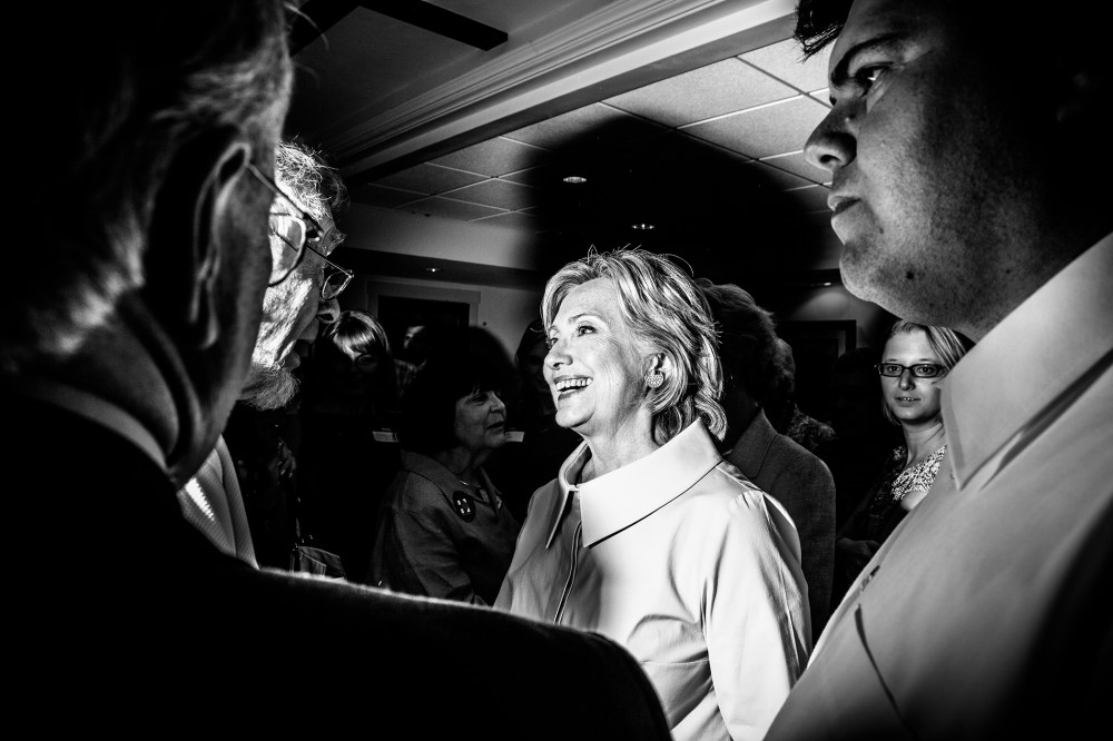 Presidential candidate Hillary Clinton greets fellow Democrats at a fund-raising dinner in New Hampshire, Sept. 18, 2015. (Photo by Mark Peterson/Redux for MSNBC)