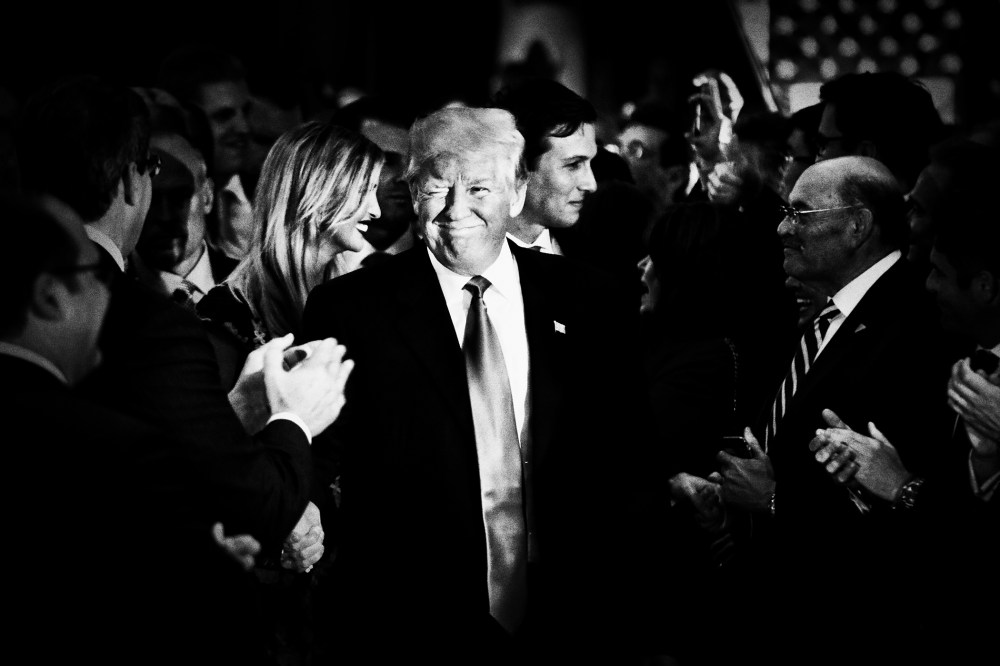 Donald Trump greets supporters after giving a victory speech, following his win in Indiana's primary, May 3, 2016. (Photo by Mark Peterson/Redux for MSNBC)
