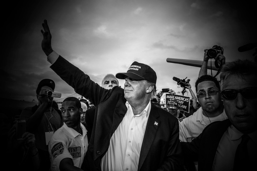 Republican presidential candidate Donald Trump waves to the crowd at his "Make America's Military Great Again" rally, which was held aboard the retired USS Iowa battleship, in Los Angeles, Calif., on Sept. 15, 2015.(Photo by Mark Peterson/Redux for MSNBC)