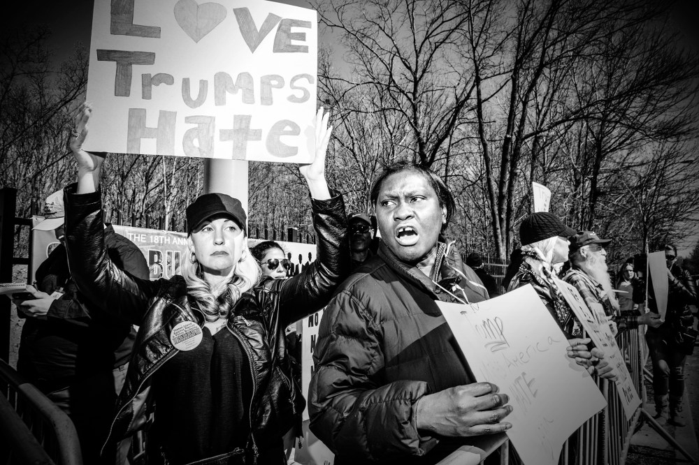 Anti-Trump demonstrators rallied outside the hotel on Staten Island where Donald Trump held a press conference and spoke at a lunch, April 17, 2016. (Photo by Mark Peterson/Redux for MSNBC)