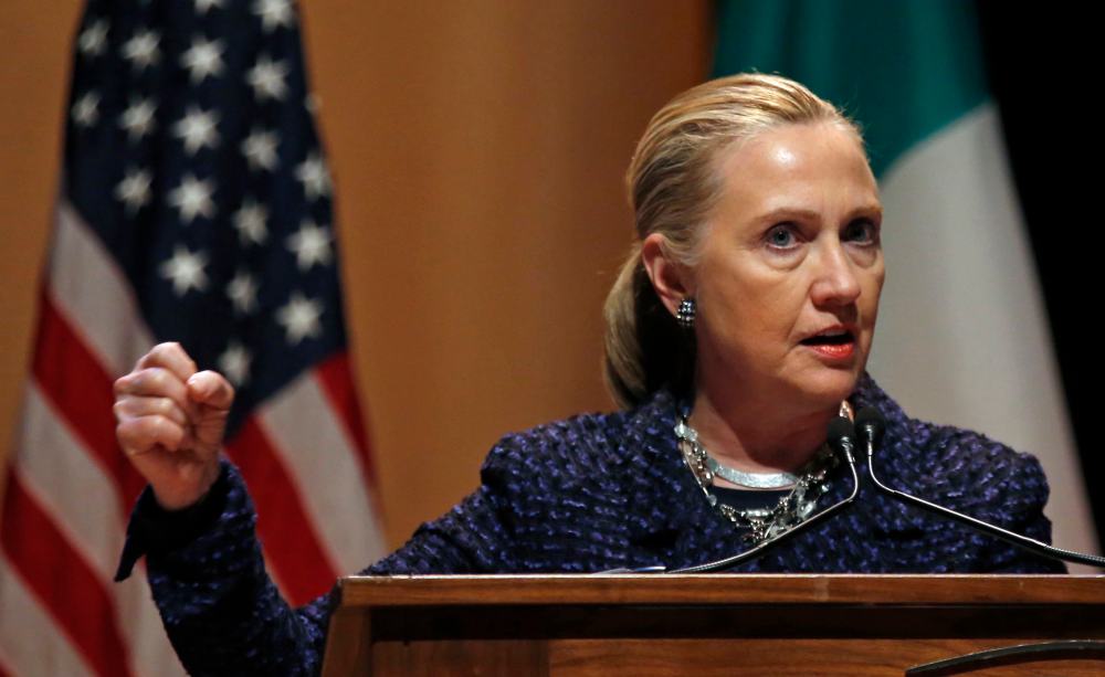 U.S. Secretary of State Hillary Clinton delivers a speech at Dublin City University in Ireland on December 6, 2012. (Photo by Kevin Lamarque/Reuters)
