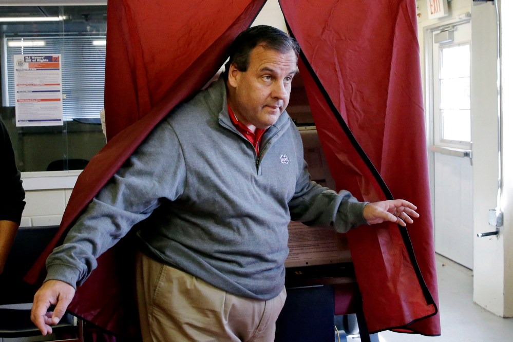 New Jersey Gov. Chris Christie steps from the voting booth after voting on Nov. 4, 2014, in Mendham Township, N.J.