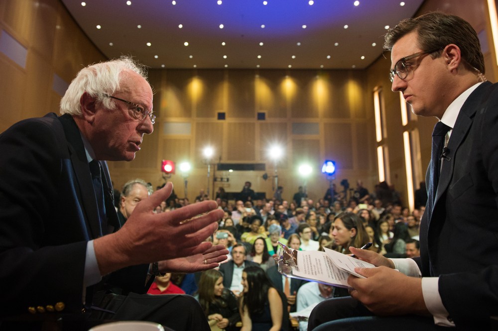 Democratic presidential candidate Bernie Sanders speaks during a town hall with MSNBC's Chris Hayes, April 25, 2016, in Philadelphia. (Photo by Nathan Congleton for MSNBC)