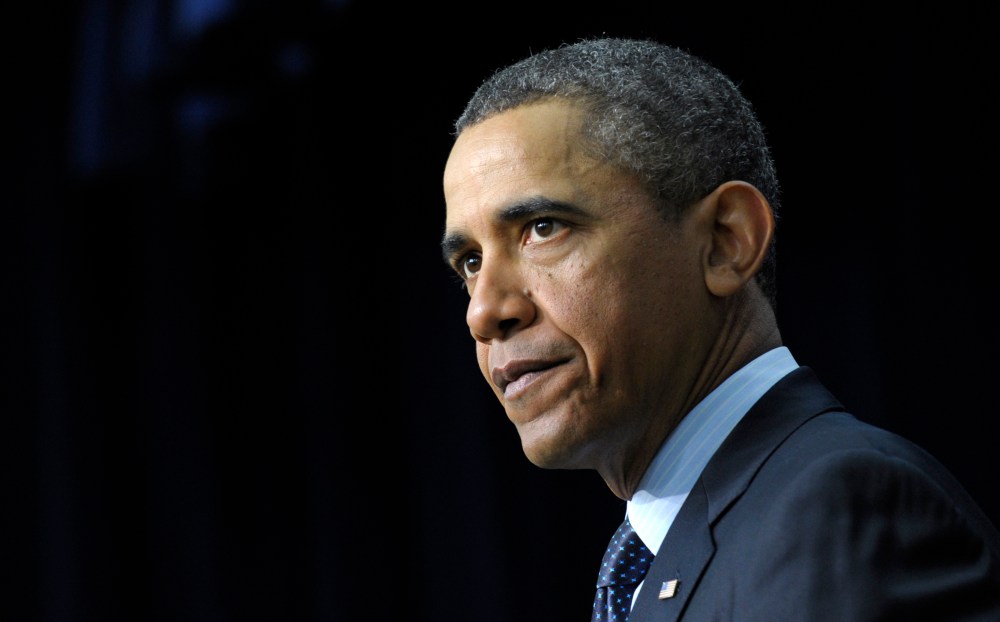 President Barack Obama pauses as he speaks in the South Court Auditorium of the Eisenhower Executive Office building on the White House complex in Washington, Tuesday, Feb. 19, 2013, to urge Congress to come up with an alternative plan to avert...