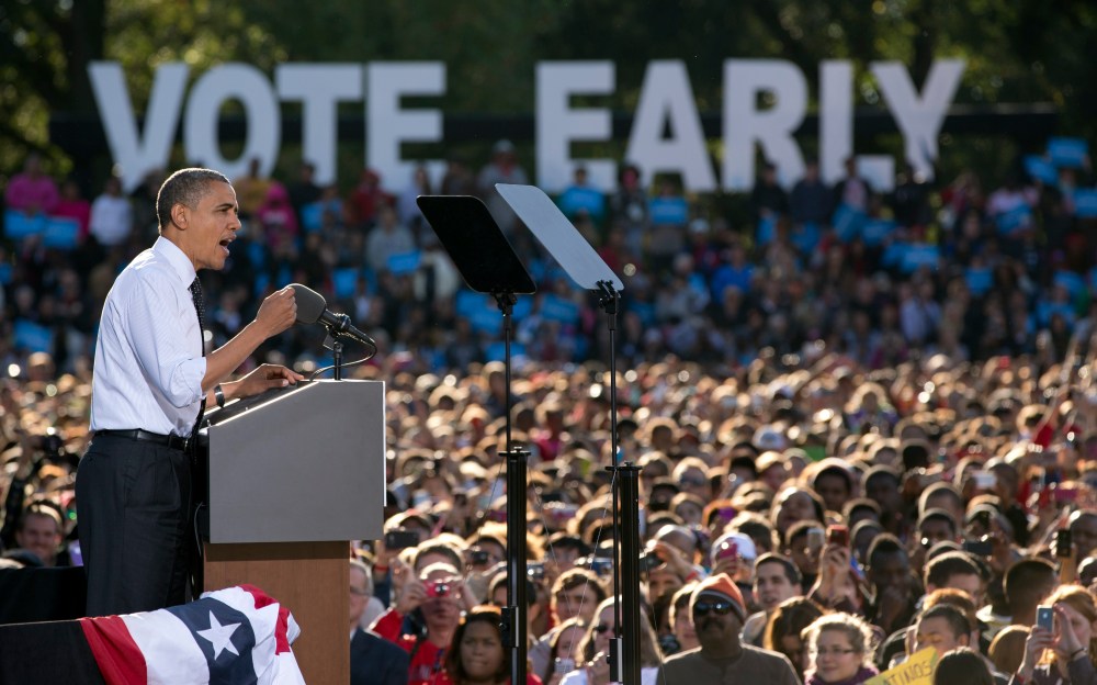 President Barack Obama speaks at a campaign event at The Ohio State University Oval, Tuesday, Oct. 9, 2012, in Columbus, Ohio. (AP Photo)