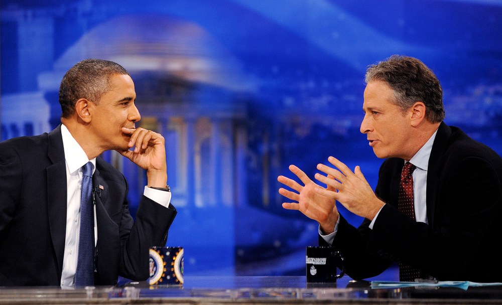 Jon Stewart talks with Barack Obama on Comedy Central's "Indecision 2010" on October 27, 2010 in Washington, DC. (Photo: AP/Olivier Douliery/Picture Group.)