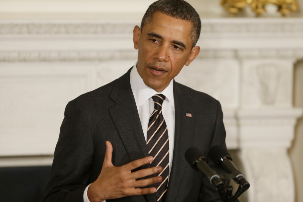 President Barack Obama addresses the National Governors Association in the State Dining Room of the White House in Washington, Monday, Feb. 25, 2013. (AP Photo/Charles Dharapak)
